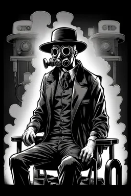 man with hat (wide and flat brim and a flat top) shading face, wearing a gas-mask standing beside an electric-chair, vignette, black and white graphic novel style with a red outline on black background, gothic horror