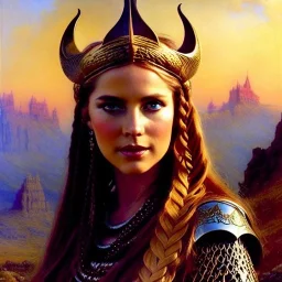 portrait beautiful face viking queen,braids,busty,horned helmet,castle,mountains,ancient leather armor, balanciaga fashion clothe painting by gaston bussiere, greg rutkowski, yoji shinkawa, yoshitaka amano, tsutomu nihei, donato giancola, tim hildebrandt, oil on canvas, cinematic composition, extreme detail,fit full head inside picture,16k