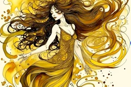 Dynamically dancing long haired brunette woman, in Klimt style, in ochre, watercolor and ink, golden glitters