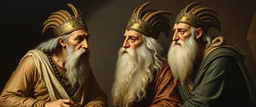 master oil painting by Rembrandt realistic rendering Portrait of the Apkallu sages who were sent by the god Ea to teach civilization to humanity before the flood. They were depicted as half-human and half-fish or bird, and were associated with wisdom, magic, and culture.