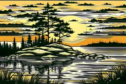 A sunset over a flat island in a calm fjord. On the island there are silhouettes of trees. Create it as a linoleum print.