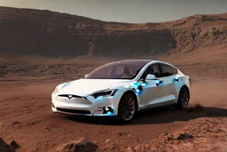 A Tesla 'Model S' is drifting at high speeds, at the Cydonia region on Mars. (CINEMATIC, WIDE ANGLE LENS, PHOTO REAL)