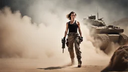 beautiful slender caucasian female technician, black tank top, knife-fighting a giant soldier, well toned muscles, weathered face, scratched sand camo metal details, short brunette wavy bob haircut, dystopian, desert scene with smoke and explosions, particles flying