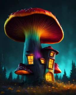 An asymmetrical mushroom house in the night sky. in space. Bright Bold Bright Colors, teal yellow black, Stark Dark background. Detailed Matte Painting, deep color, fantastical, intricate detail, splash screen, hyperdetailed, insane depth, Fantasy concept art, 8k resolution, trending on artstation, Unreal Engine 5, color depth, Deep Colors, backlit, splash art, dramatic, splash art Style. High Quality, Painterly, Whimsical, Fun, Imaginative, Bubbly, good detail, perfect composition,