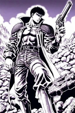 Guts from Berserk holds a revolver gun to his head.