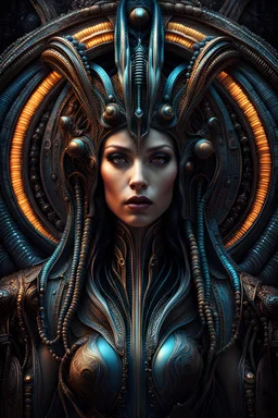Giger style beautiful strange looking electronic woman, expressive and mysterious, deep colors, detailed matte painting, fantastical, intricate detail, splash screen, colorful, fantasy concept art, 8k resolution, Unreal Engine 5, beautiful iris, sharp focus, centered, symmetric