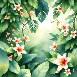 Watercolor of tropical spring floral green leaves and flowers, lush tropical foliage in a serene landscape of a blooming forest, with intertwining vines and delicate petals, vibrant shades of green contrasted by soft pastel flowers, gentle morning light filtering through the leaves creating a mosaic of light and shadow, illustration in the style of a delicate watercolor painting, with fine brush strokes, subtle gradients, and intricate detail. A breathtaking combination of serenity and natural