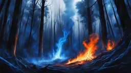 Blue fire burning a forest, hight contrast, hdr, dynamic shading, detailed shading, detailed vegetation, digital painting, detailed textures, detailed blue fire, dark art