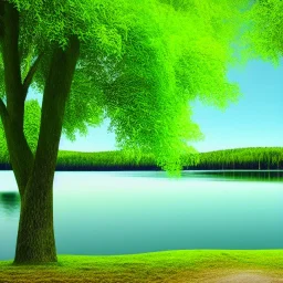 beautiful green Tree, in front of a lake, photorealistic