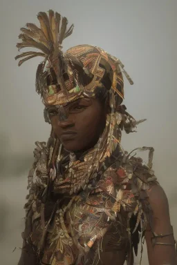 african portrait, warrior costume, village, meditation, woods, galaxy sky, 8k quality