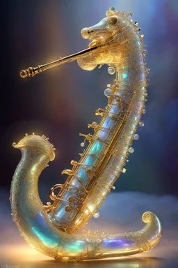 extremely delicate iridescent saxophone made of glass, sitting, video game style, translucent, tiny golden accents, beautifully and intricately detailed, ethereal glow, whimsical, art by Mschiffer, best quality, glass art, magical holographic glow\\n, Broken Glass effect, no background, stunning