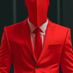 a man wearing a red suit with a red tie who is missing his face