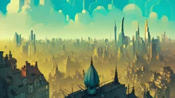 Skyline from Belvedere,big city,Beaux Arts architecture,Book illustration by Gediminas Pranckevičius, Jean Baptiste Monge, Brian Kesinger, Anton fadeev, Kilian Eng, strong lines, high contrast vibrant colors, highly detailed, 16k resolution, trending on behance