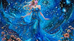 Create an image of a full body cosmic Goddess. The goddess should be depicted as a beautiful and powerful figure, surrounded by cosmic stars. Her hair should be long, blond and flowing, beautiful smiling face and she should be dressed in a flowing gown blue celestial robe. In the background, include imagery of pink flowers, blue sky,trees. The image should evoke a sense of joy, celebration, and spiritual connection to nature.