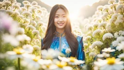 Portrait of a gorgeous smiling asian model with a golden skin, long smooth blonde hair, blue eyes, in a cosmonaut outfit with luminous strikes in a hill of flowers with 1000 y/o trees, a small torrent, loads of mini flowers, moss, sun rays through the branches, particles in the air at spring