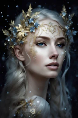 Elven princess,elven crown,rapunzel hair,very long blonde gold hair,elven ears,ice crystals,snow,golden armor,dark blue,sparkles,glitter,ice flowers,frozen flowers,beautiful