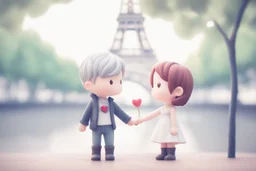 cute chibi mahogany haired girl with a short, silver haired boy, Eiffel tower, heart and love, flowers in Paris, ethereal, cinematic postprocessing, bokeh, dof