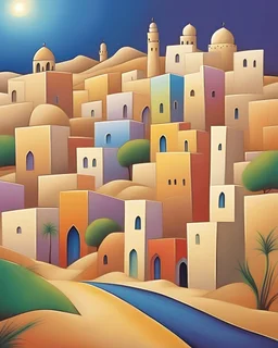 a whimsical multicolor Omani old city in desert dune line, on the horizon, by Iwona Lifsches