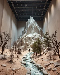 Photograph, giant museum exhibition, wires a mass of terrain, giant museum space, trees, pillars, high walls, high peak in a room, rag, powder, brook, sediments, deflagration of the background, geological formation, light, architecture, minimalist, details of the terrain very accentuated, 8k, deep 3d field, sharp, brutalist, hasselblad h6d400c --ar 85:128 --v 6.0