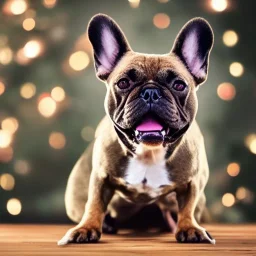 Portrait of a smiling french bulldog with brown fur celebrating new year and christmas