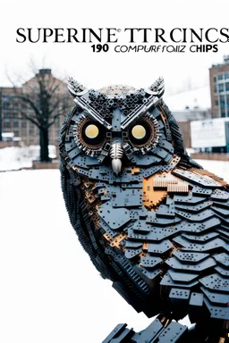 Owl made of 1990s computer chips, Cyborg, Underpunk, imperfection, natural lighting, cinematic, Fuji Film, Anamorphic lens, 2040s, deep depth of field, Solarpunk