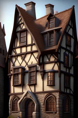 A front profile of a wide old medieval townhouse with two stories and five windows per story, warm tones, photorealistic, 4k, delicate stonework, details, small fantasy elements,