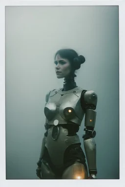 steampunk, vintage analog polaroid of a woman robot, female body, fog, lomography, heavy film grain, night, color bleed, depth of field, bokeh, retro