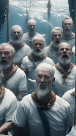 sailor throws harpoon at a big white whale from an old fishing boat, 8k, detalied