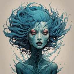 front facing full body illustration of a malevolent shape shifting female Funayurei water ghost with highly detailed facial features and skin textures, in the style of Alex Pardee , Jean Giraud Moebius, and Katsushika Hokusai, highly detailed, boldly inked, deep murky aquatic color