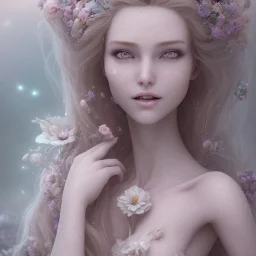 fairy style, head, women, portrai,long hair beautiful one nude body of a make up smiling woman blond long hair, alone, high key lighting, volumetric light high details with white stripes and blue eye, smiling with plump pink lips+++, flowers around, unreal engine petit prince belle fine, profil de trois quart, grand front cosmique, peau bleu cristalline, yeux bleu, perle sur le front long cheveux blond et rose etoilé, cristaux sur le corps, collier de grande princes