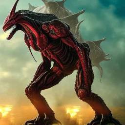 hybrid kaiju between alien xenomorph of ridley Scott and iron man