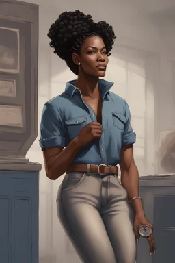 a very manly female middle aged black mother dressed polo t-shirt and blue jean pant with hair styled into a professional bun with a very masculine body structure with masculine pecs and standing with hands in pocket facing front in a photorealistic picture