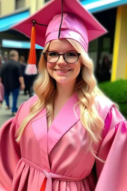 Een dom blondje die haar dokterdiploma heeft gekregen dankzij CHATGPT. Straalt domheid uit. Haar graduation outfit is volledig roze. Karikaturaal, carnavalesk, er zijn dokterattributen, denk legally blind en greys anantomy Dokter moet duidelijk zijn. Ze is lelijk