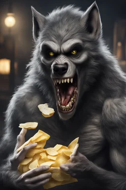 a werewolf eating chips on the bag