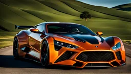 A (((Zenvo ST1 Super Tuned spoiler and bodykit))) with its sleek,, featuring a bold, menacing grille and powerful lines, evoking a harmonious balance between sophistication and muscle, against a backdrop of verdant hills at noon, ideal for a dynamic desktop wallpaper