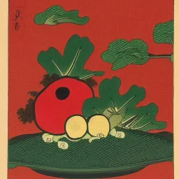 Ukiyo-e style illustration of fruit stilllife