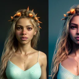 Shakira, 40 years old, artist, Realistic image, waist up portrait, eyes make up, perfect, glow, circle iris. concept art, smooth, unreal engine 5, god lights, ray tracing, RTX, lumen lighting, ultra detail, volumetric lighting, 3d, finely drawn, high definition, 4k.