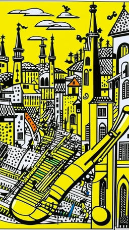 A golden yellow Mexican town with musical instruments painted by Roy Lichtenstein
