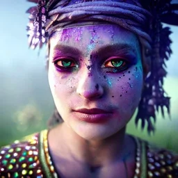 butterfly slumlord gypsie, A soft portrait of a woman, insane facial make-up detail, ambient detail, depth of field, dirty make-up, crystalized complimentary colors, queen, atmospheric, realistic, unreal engine, lighting, octane render, proportional, national geographic haze,