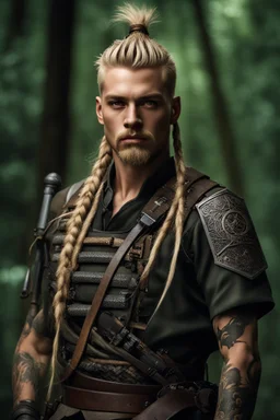 photorealistic hyperdetailed portait of 20-year-old german male, as mercenary with long blonde braided and undercut hair, tribal tattoos and goatee beard wearing modern mercenary uniform dark fantasy forest backdrop