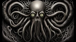 The Gaze Of Azathoth || Lovecraftian horror :: in the styles of Douglas Smith and Paul Carrick and H.R. Giger :: mixed media on scratchboard :: imperial colors :: cinematic :: sharp focus :: highest resolution :: epic masterpiece