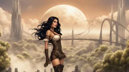 exotic sci-fi steampunk pin-up girl, with long dark hair, on a sci-fi planet with cloud trees, tall spires, buildings, bridges, arches