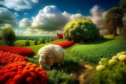 lifelike photography, vegetable and fruit landscape, broccoli forest, chive field, cauliflower sheep, orange sun, whipped milk clouds, raspberry flowers, cheese barn and haystack in sunshine, surrealistic