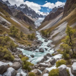 Los Glaciares National Park, Patagonia, Argentina, peaks with snow, river in th deeb canyon detailed trees with detailed branches an leaves and stones with moos in the foreground, phototralistic, summer, multicolors, blue sky with fluffy clouds, side view, from the top of a peak