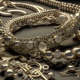 A stunning close-up render of a collection of delicate necklaces, Fine details, realistic shading, and a high level of craftsmanship