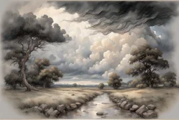 summer thunderstorm, Trees, , Dark Clouds, Bad Weather, June, wet in wet Modifiers: beautiful Arthur Rackham Jean-Baptiste Monge Josephine Wall Thomas Wells Schaller shabby chic Pencil and pastel sketch pastel patchwork line art