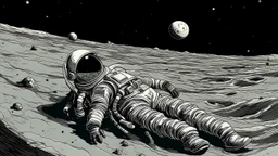 Lone astronaut lying listlessly on a lunar crater, absentmindedly playing with space dust, Earth satellite shining monotonously on the black horizon, spacesuit decorated with doodles of boredom, dramatically exaggerated pose of cosmic ennui, space station flickering faintly in the distance, surreal space comedy style