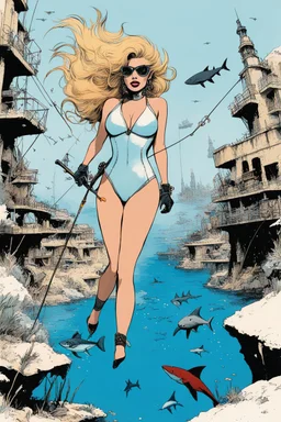 high res photo by Ralph Steadman: special issue on fishing sharks in the sunken city guest star: Barbarella in two pieces swimsuit as an adventurer fishing sharks underwater in a post apocalyptic city