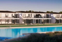 Sunset algarve in quinta do lago, a modern straight line luxury villa apartments with 250 meters long and a pool, overhang straight line terraces with black metallic beams and wood pergolas, with a separate clubhouse building facility with green roofs, overlooking the campus sport facility and inserted in the Ria Formosa Natural park, on a slope with pinus pinea, a wrap around low speed veicular road