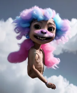 Ultra realistic clouds sky scene, wide angle, medium shot view, sweet childs, color smoke fog, free jumping flying, trinkets, monster hair, hair monster, jelly beans, balls, smile, happy, circus style, inflatable color clothing, extreme, wind, clouds sea, 20,000 feet altitude, stratosphere, soft color, highly detailed, unreal engine 5, ray tracing, RTX, lumen lighting, ultra detail, volumetric lighting, 3d, finely drawn, high definition, high resolution.